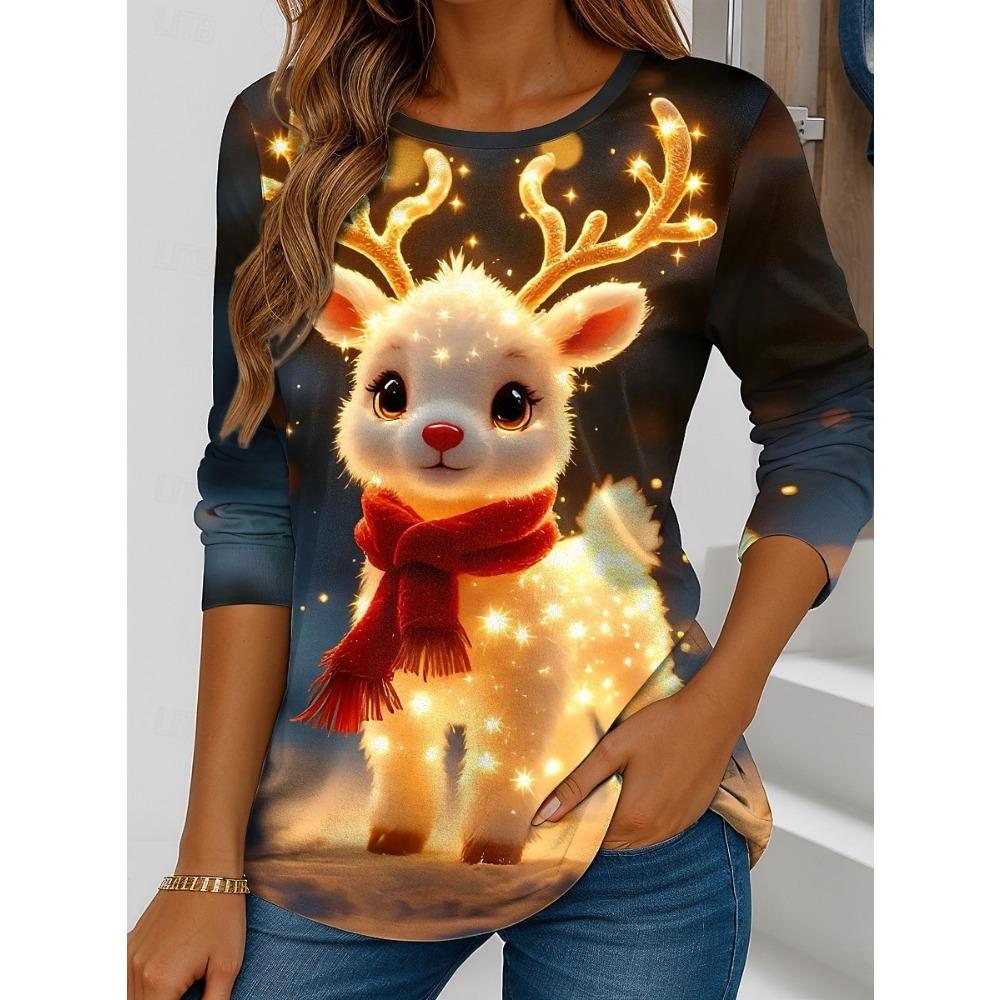 Women's Santa Claus Printed Christmas Theme Crew Neck Long Sleeve T-shirt Casual Comfortable Polyester Christmas Party Pullover