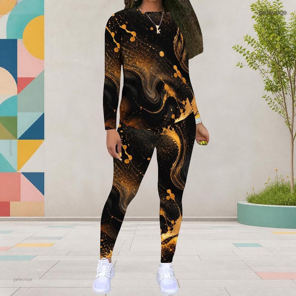 Women Plus Size Tie Dye Printed Round Neck Long Sleeve Top Fitted Pants Two Piece Set