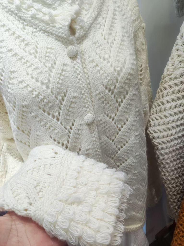 Autumn Crochet Hollow Tassel Trim Stand Collar Button-Up Cardigan Sweater