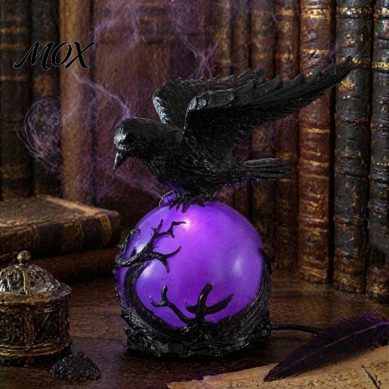 Whimsical Room Lighting Gothic Raven LED Ball Lamp, Mysterious Crow on Orb Sculpture, Decorative Resin Light Halloween Table Lamp for Bedside Bedroom