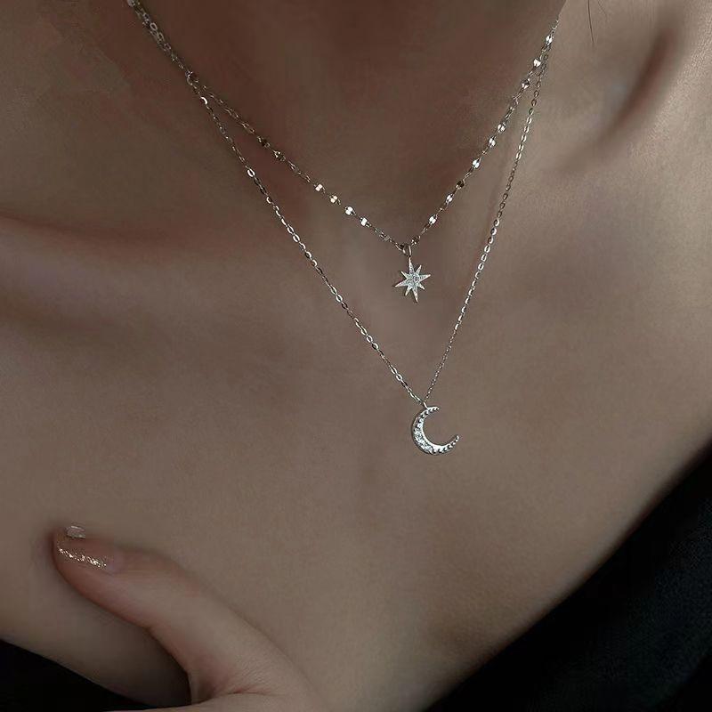 Zilveren flits diamant ster maan dubbele ketting niche dames sleutelbeenketting designgevoel lichte luxe nieuw