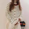 Cross-border New Striped Crew Neck Color-blocking Design Loose Long-sleeve Knit Jacket for Women, Simple Buttoned Sweater Jacket