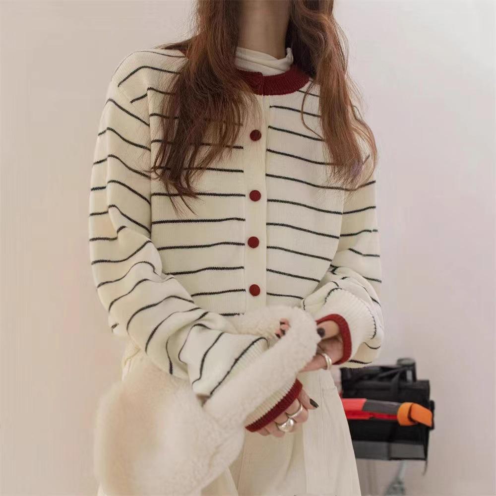 Cross-border New Striped Crew Neck Color-blocking Design Loose Long-sleeve Knit Jacket for Women, Simple Buttoned Sweater Jacket