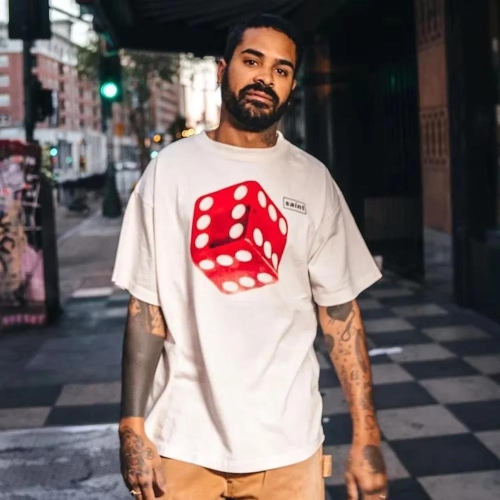 Summer Fashion Heavyweight Retro Men's Fun Dice 100% Cotton Printed Round Neck High Quality Casual Fitness Street T-shirt