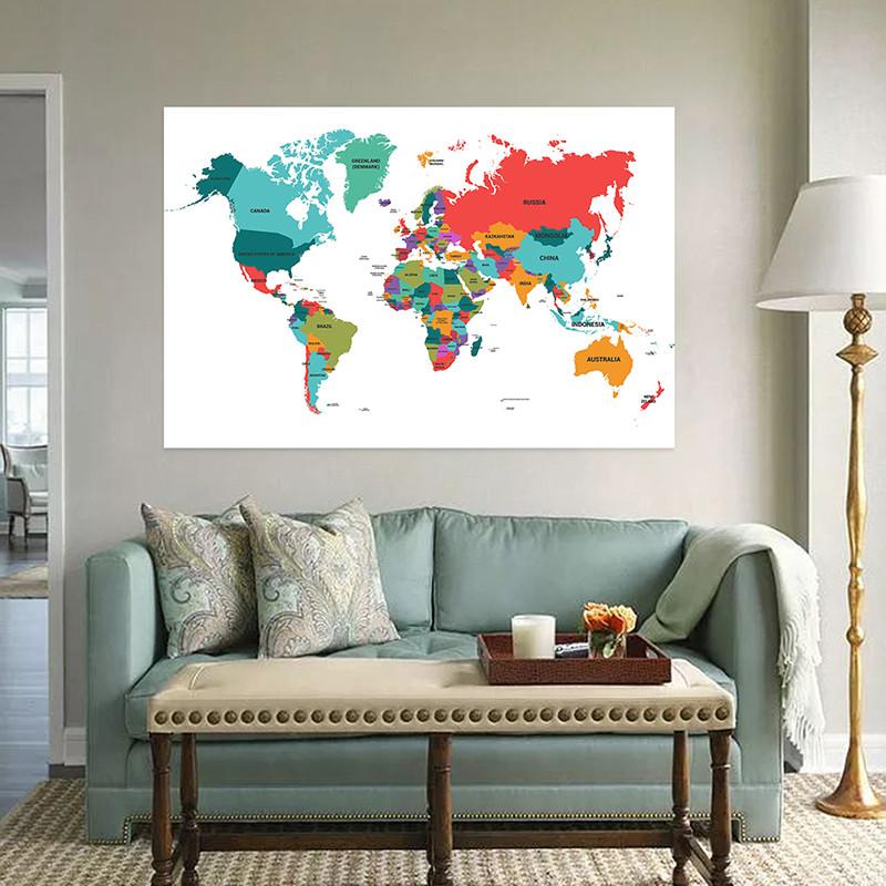 Modern Colorful World Map Poster Wall Art Print Minimalist Political Map Decor for Living Room Office Classroom Home Decoration Unframed
