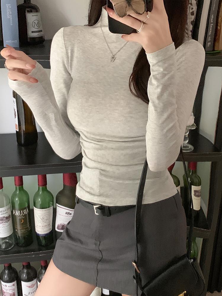 Pleated Slim Fit Long-Sleeve Turtleneck Top for Autumn and Winter