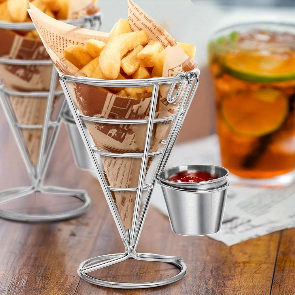 French Fries Stand with Sauce Set Rust Proof Metal Chip Cup Holder Fried Chicken Display Rack Basket Party Kitchen Supply