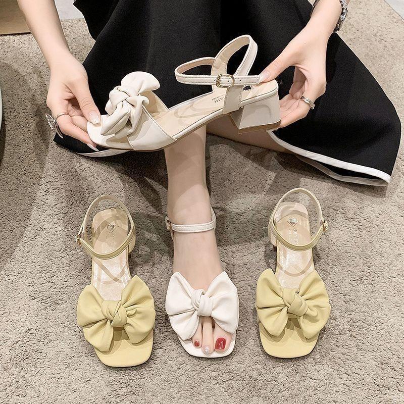Versatile High-heeled Medium-heeled Bow Women's Summer 2025 New One-word French Fairy Style Sandals with Thick Heel
