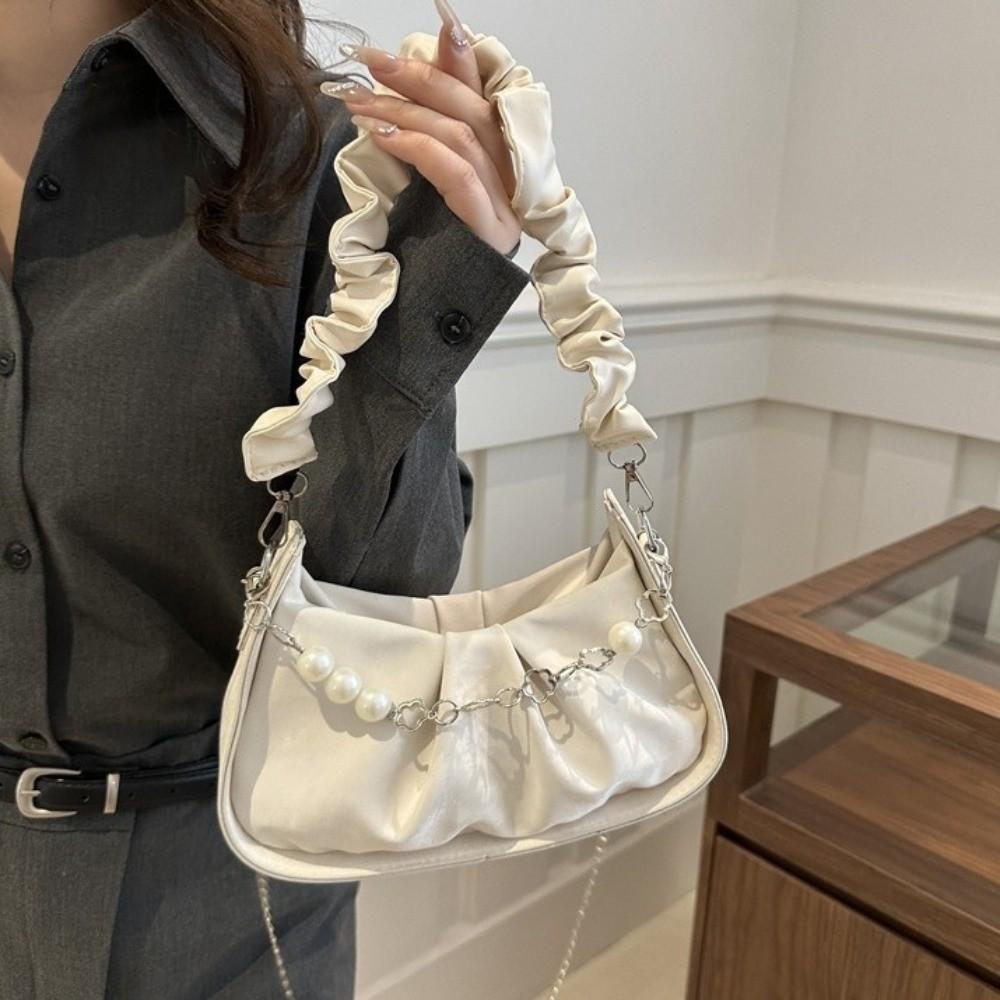 PU Leather Cloud Shoulder Bag Korean Style Pleated Handbag Pearl Chain Crossbody Bag  Office Worker