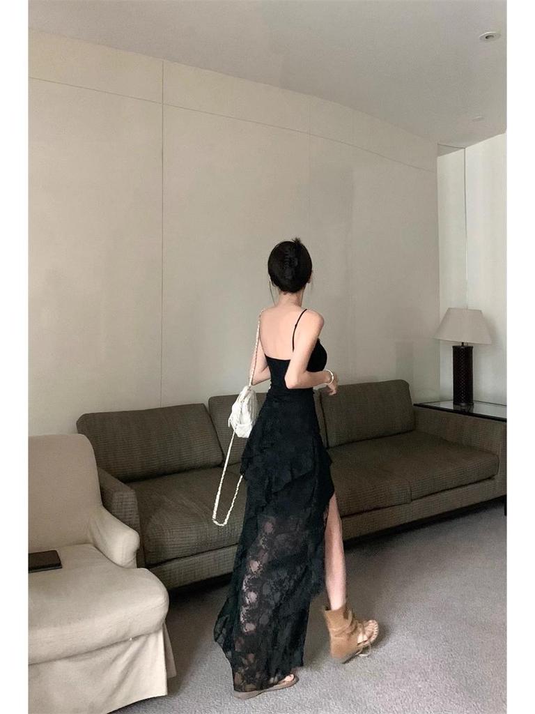 Elegant Women's Lace Ruffle Camisole Dress with Irregular Skirt and Slimming Waist-A-Line Design