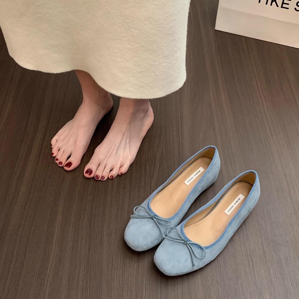 French inner heightening suede ballet single shoes women's shoes 2026 new spring and autumn bow red evening shoes