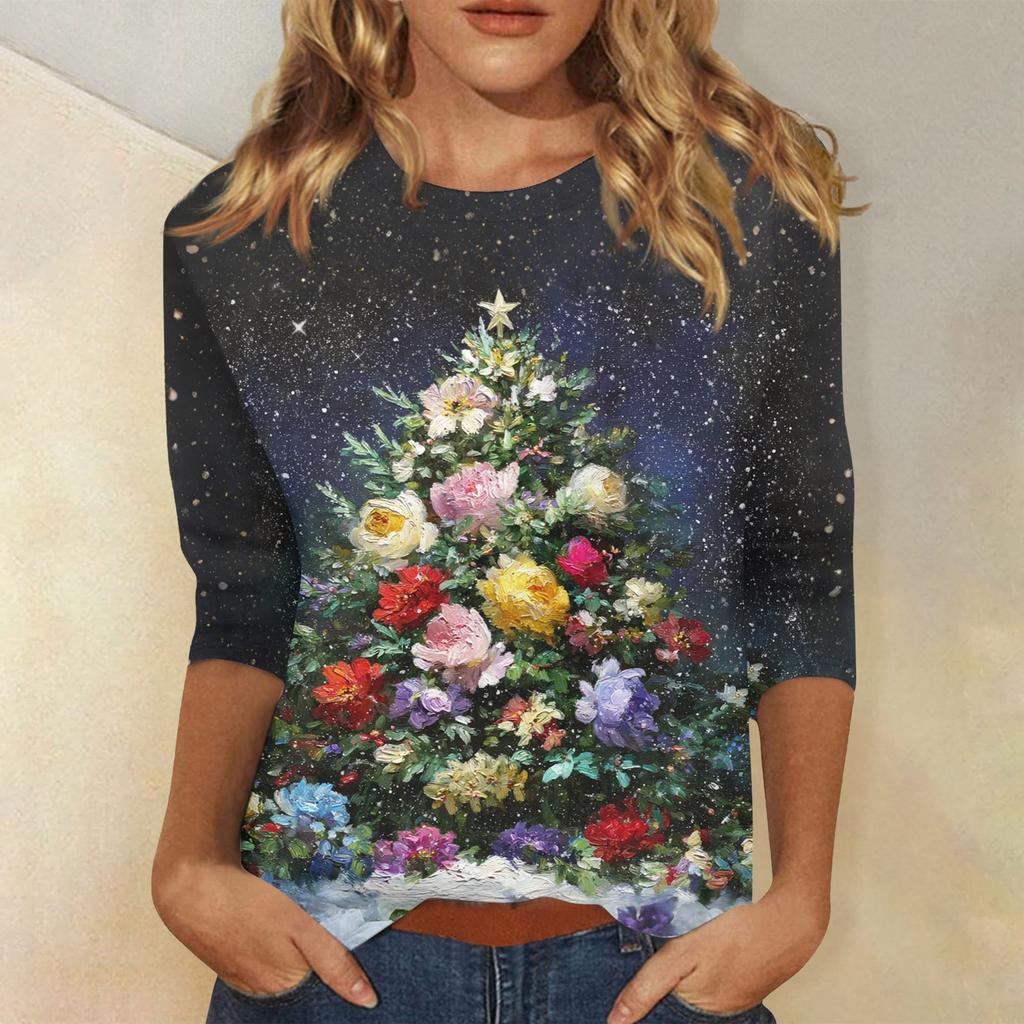 3/4 Sleeve Shirts For Women Print Christmas Tees Blouses Casual Plus Size Basic Tops Pullover