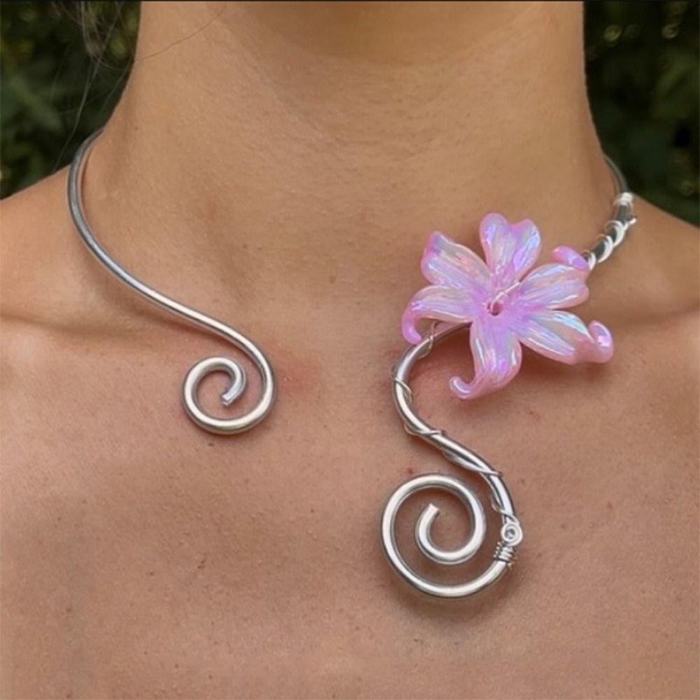 Flower Pattern Collar Necklace Colorful Women Necklace Vintage Iris Flower Necklace