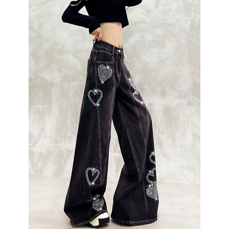 Shiny hot diamond decorative casual jeans women's autumn new high waist loose and thin versatile straight wide leg floor pants