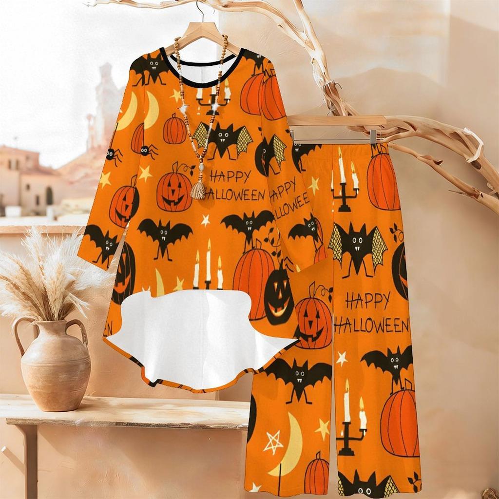 Halloween Print Two Piece Outfit Women Long Sleeve Irregular Hem Tunic Top Wide Leg Pants Casual Matching Set