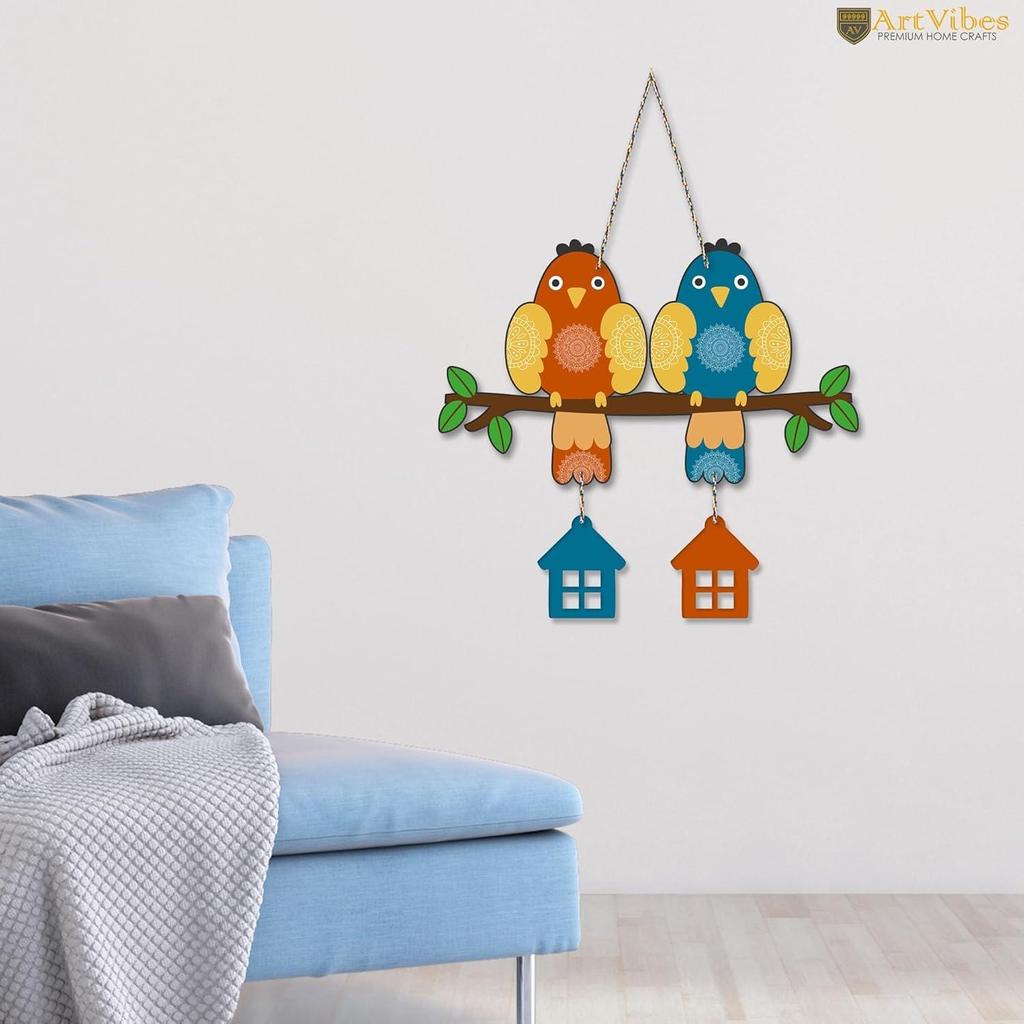 Multicolored Pair of Birds Wooden Wall Hanging for Home Decoration | Garden Balcony | Office | Cafe | Pack of 1
