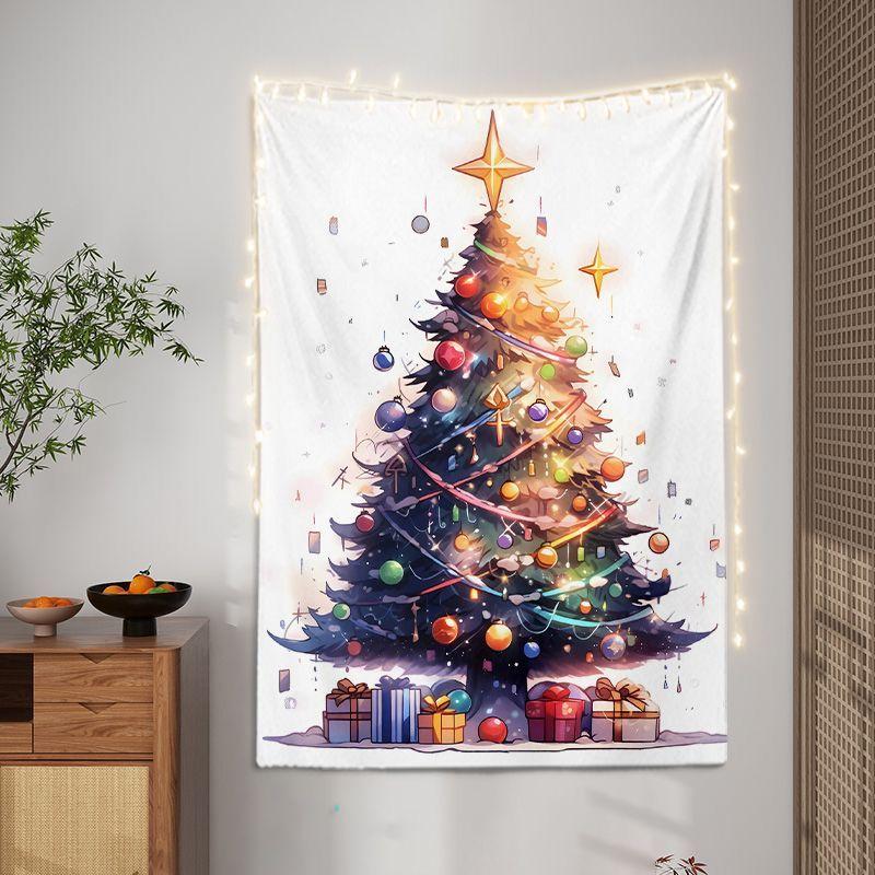 Cartoon Christmas Town Animal Wall Tapestry Santa Snowman Reindeer Gingerbread Tree Gift Merry Text Cute Holiday Home