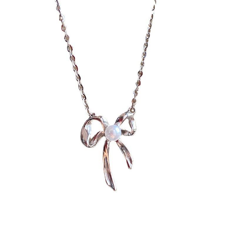 Ribbon Bow Necklace Female Bead Sweet Temperament Versatile Niche Design Advanced Clavicle Chain