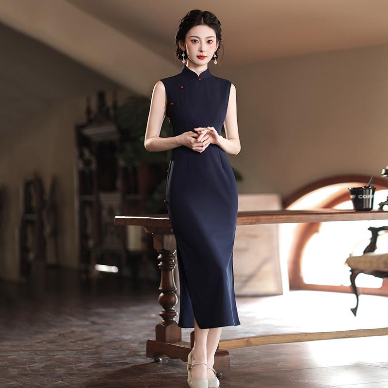 navy blue sleeveless national style Chinese long cheongsam improved young new female retro slim spring and summer S