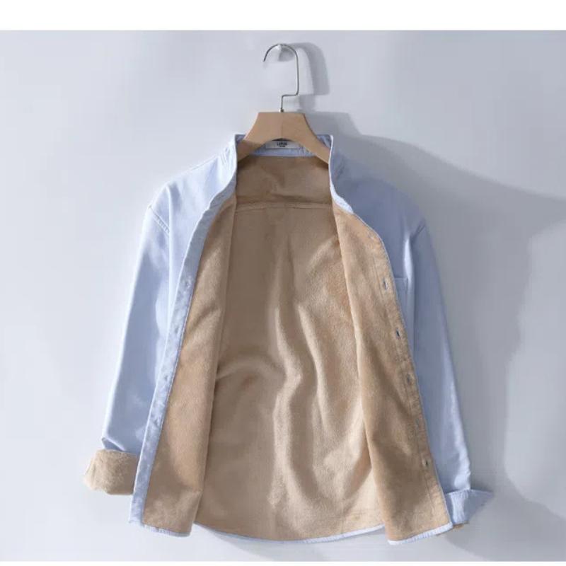 Winter Warme Herrenbekleidung Koreanischer Stil Langarm Oxfordhemden für Herren Täglich Lässig Stehkragen Einfarbig Fleecehemd mit Tasche
