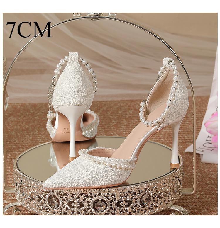 Fashion High Heeled Shoes Women's 2025 Summer with A Thin Heel and Pointed Toe A Straight Cut Lace Surface White Pearl Bridal Shoe Women