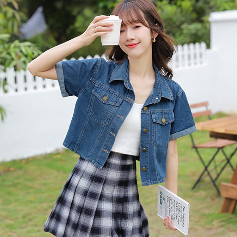 Retro Square Shoulder Slim Denim Short-Sleeve Top - Classic, Skin-Friendly, and Versatile for Casual Layering