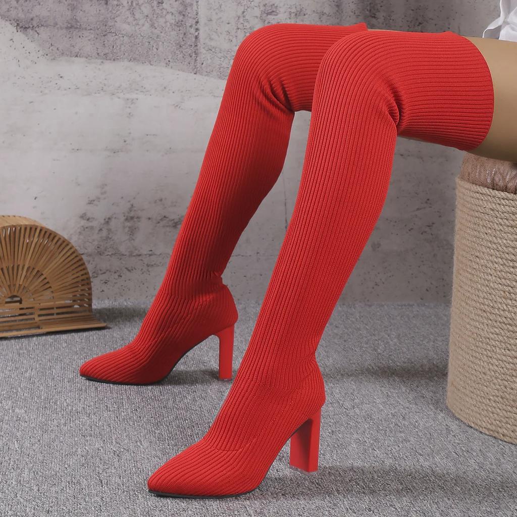 Comemore Women's Knited Sock Boots Autumn Winter Sexy Over-the-Knee Boots Pointed Toe Thick High Heels Long Botas Size 36-43