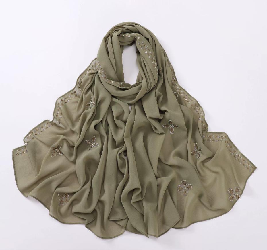 New Chiffon Hijab With Rhinestones Diamonds Scarf Shawls Solid Headscarf Wraps Ramadan Eid Hijabs Glitter Headband Turban