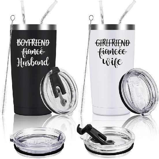 Husband and Wife Travel Tumbler Set, Wedding Engagement Anniversary Valentine’s Day Gifts for Couple Husband Wife Bride Groom, His and Hers 1 Black&White