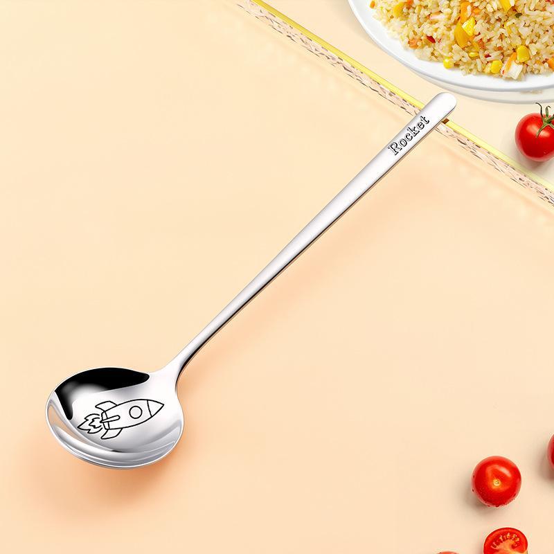 Cartoon 304 Stainless Steel Round Head Large Spoon Food Grade Flat Bottom Deep Soup Spoon Home Use Rice Spoon For Children