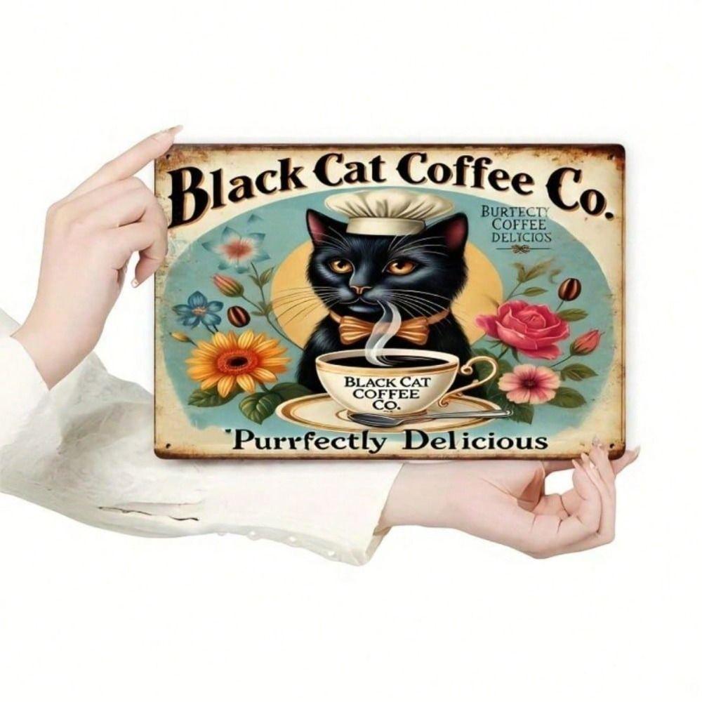 Vintage Black Cat Coffee Metal Wall Art Sign, Retro Bar Decor