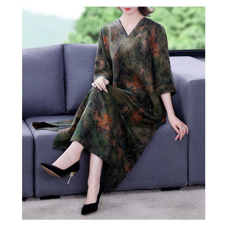 Rochie lungă cu decolteu în V din mătase de dud premium, rochie rafinată din mătase de vară pentru un aspect plin de farmec