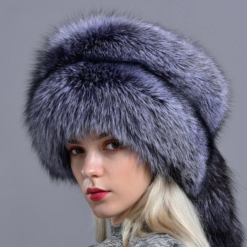 Raglaido real fox fur hats for women winter fashionable stylish Russian thick warm beanie hat natural fluffy fur hat with tail