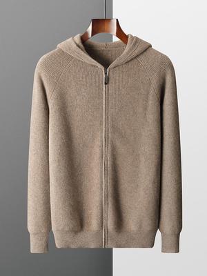Men's Thick Wool Hooded Zipper Cardigan - Pure Wool Knitwear with Business Shirt Collar.