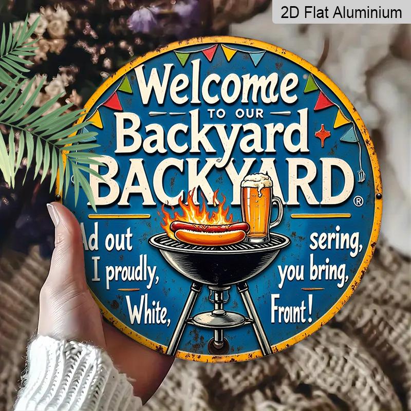 2D Flat, 1pc 7.87" Round Aluminum Sign with "Barbecue Party Beer Garden" Vintage Decorative Plaque, Yard BBQ Beer Theme Aluminum 2D Decoration Plate