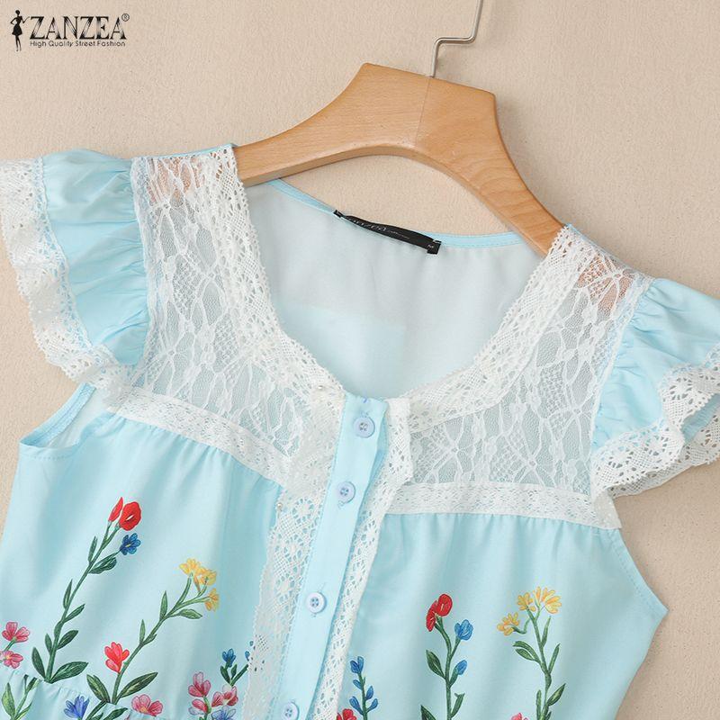 ZANZEA Women Elegant Lace Splice Square Collar Casual Sleeveless Floral Print Vest Tops