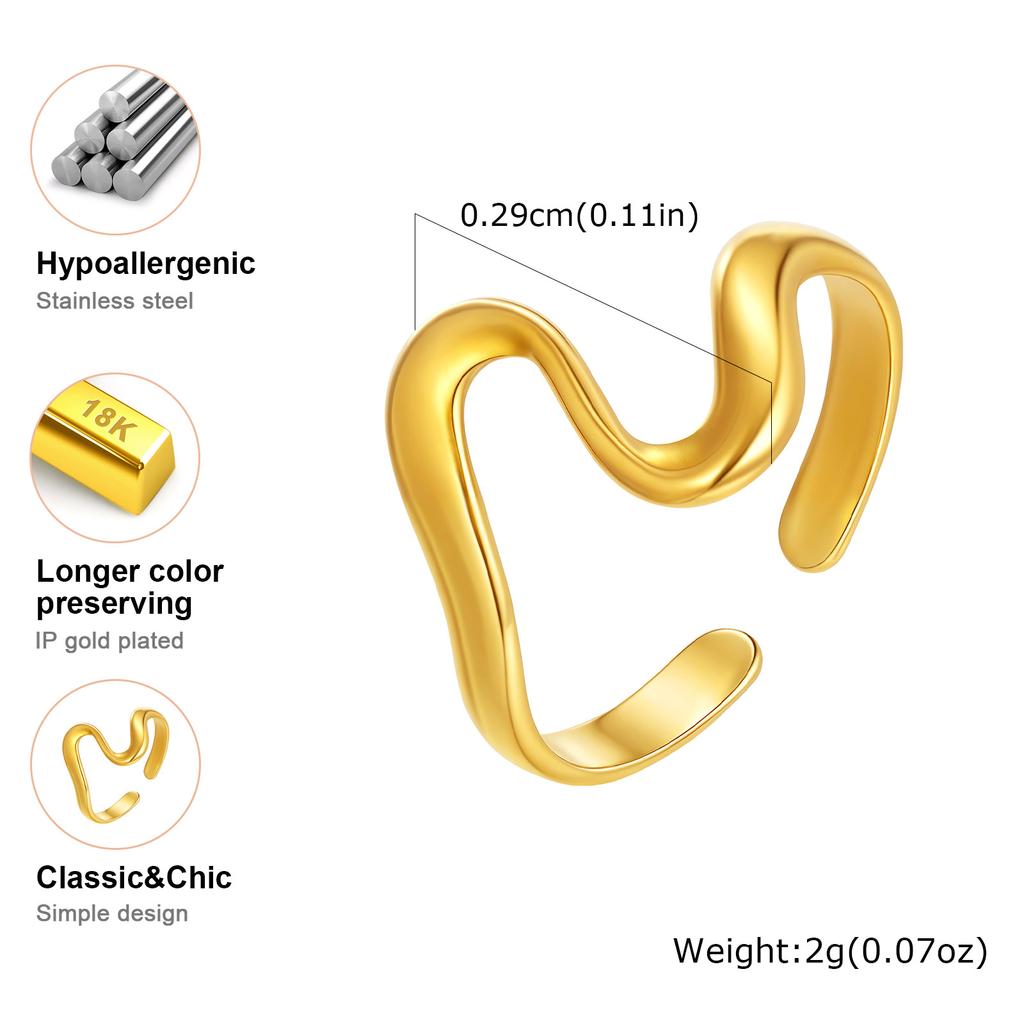 Stainless Steel Wavy Geometric Opening Ring for Women,Gold Plated Charm Rings,Trendy Jewelry Mother's Day Gifts