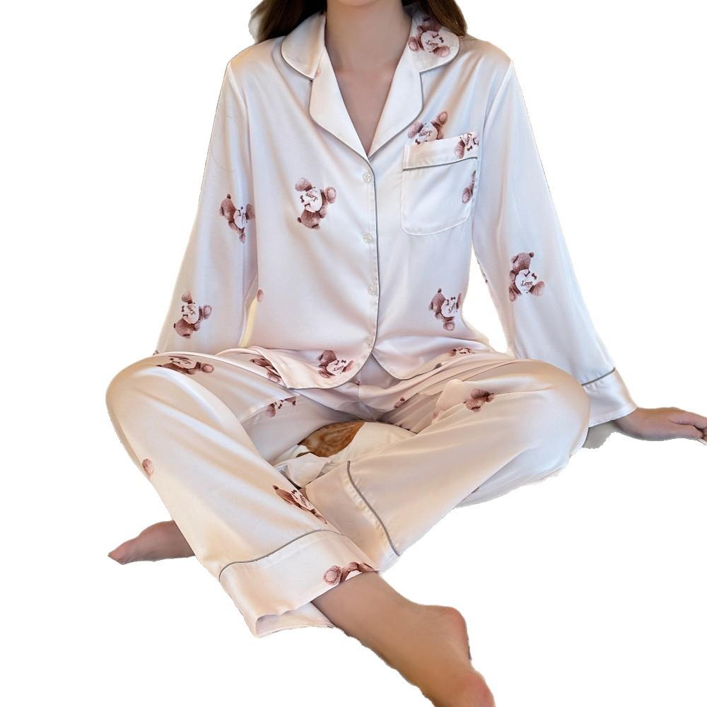 Neuer Süßer Koreanischer Stil Langarm Eisseide Strickjacke Pyjama für Herbst und Frühling