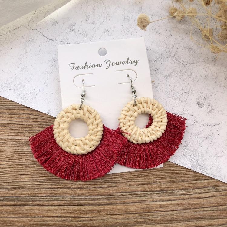Holiday Style Handmade Grass Rattan Woven Earrings Retro Fringed Simple Stud Earrings Temperament Versatile Women's Earrings