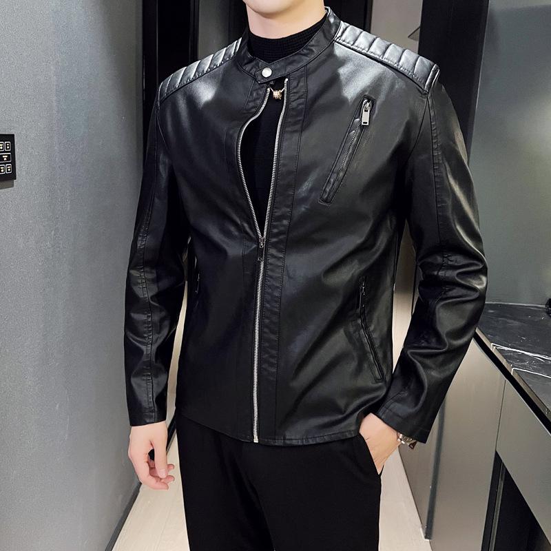 New Men's Slim Fit PU Leather Stand-Collar Jacket - Trendy Motorcycle Outerwear for Youth, Autumn/Winter.