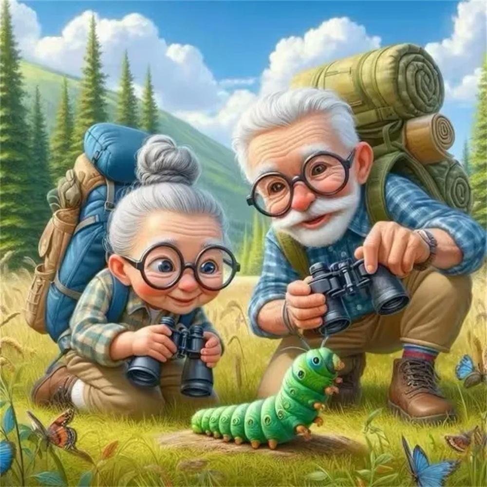 Cartoon Happy Old Couple 5D Full Round Diamond Painting Kits, Cute Grandma and Grandpa DIY Drills Mosaic Embroidery Cross-stitch