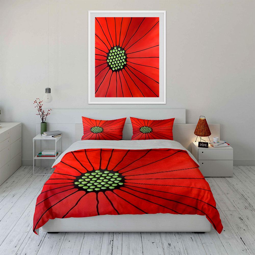 "Red Flower Art Set Decor" Bedding Set with 1 Duvet Cover 2 Pillowcases Single Double King Queen, Gift