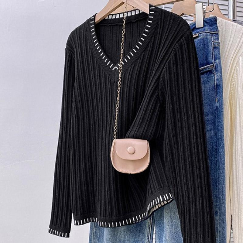 

Женские свитера, пуловеры 2025 Осень Зима Длинный рукав V-образный вырез Черный Белый Вязаный свитер Женские топы Пуловер JJ96 One Size чёрный