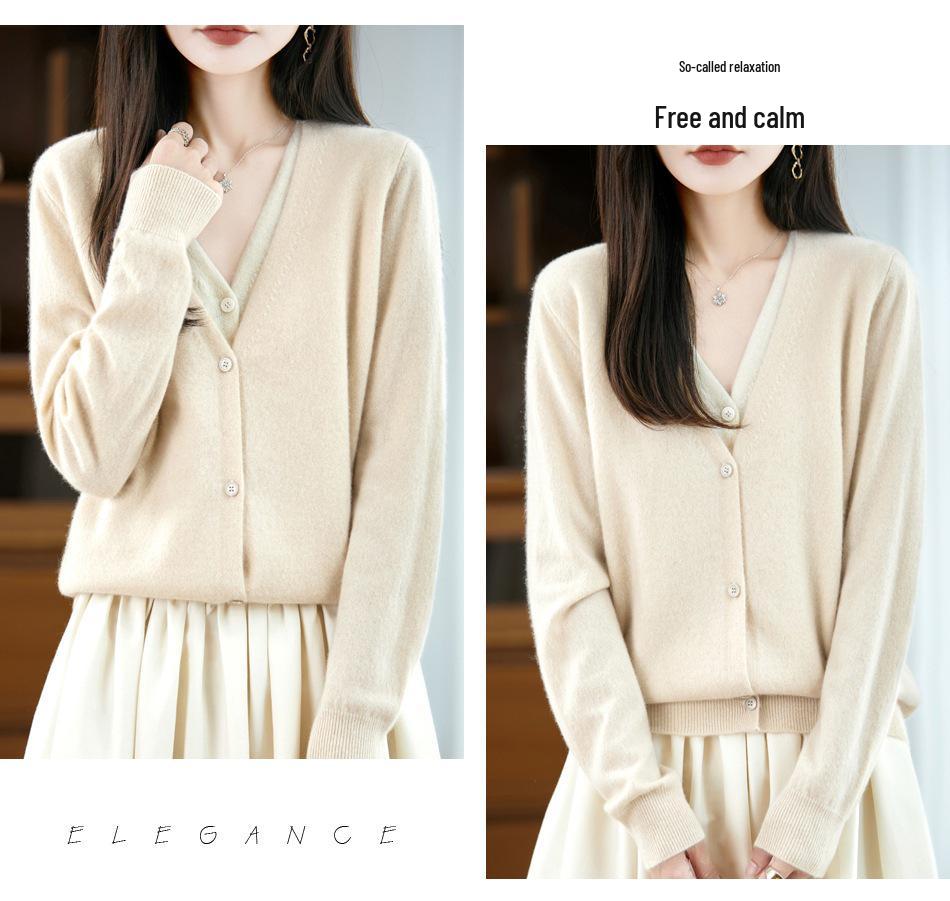 100% Wool Color Block V-Neck Women's Two-Piece Knit Cardigan Sweater - Autumn/Winter 2026