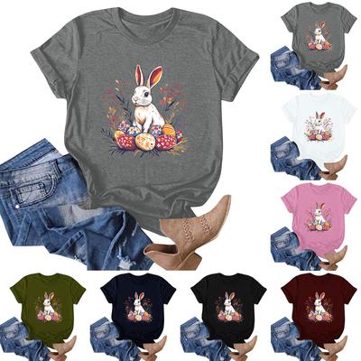 Women's Easter Bunny Print Neck Short Sleeve T-Shirt Top