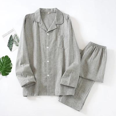 Men Vertical Striped Sleepwear Long Sleeve Gauze Mens Pajamas  Simple Cotton Nightwear 2 Piece Lounge Set Home Clothes
