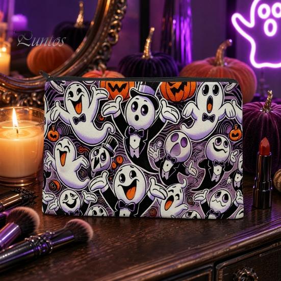 Wear-resistant Canvas Pouch Halloween Storage Bag, with Colorful Cartoon Ghost Print, Durable Travel Bag Makeup Zipper Large Capacity Lightweight