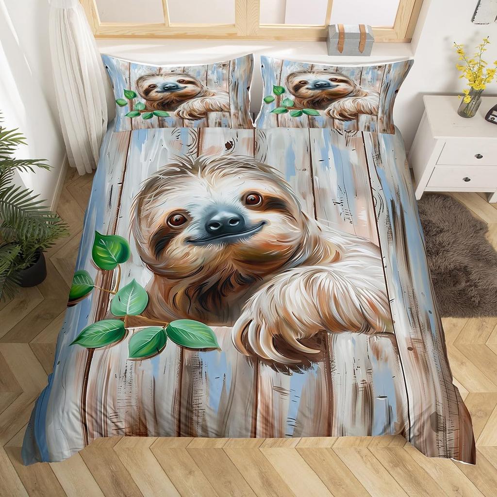 Cute Sloth Duvet Cover Watercolor Floral Bedding Set Lovely Jungle Animal Comforter Cover Twin King Kawaii Sloth Bedspread Cover