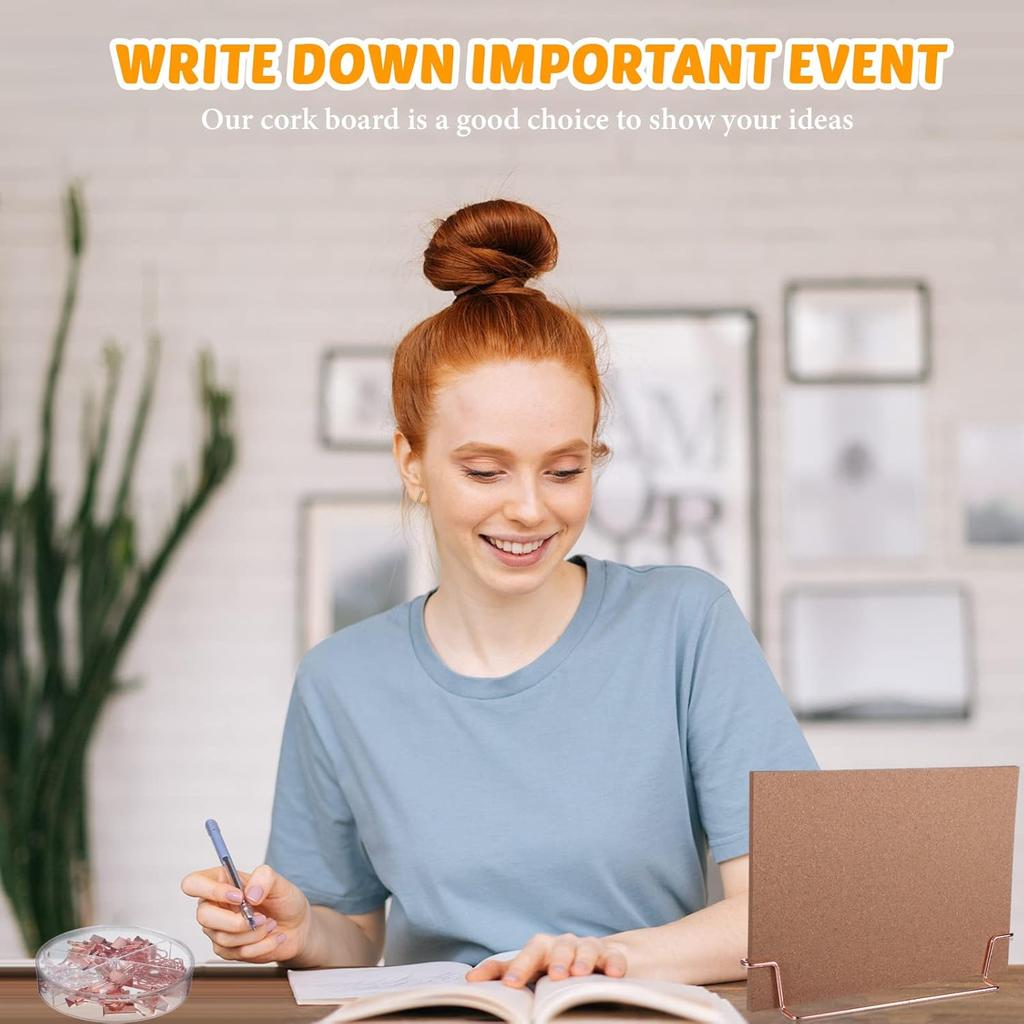 12.6 x 9 Inch Small Desktop Cork Board with Stand Rose Gold Bulletin Memo Message Picture Double Sided Pin Board for Office School Home with Binder