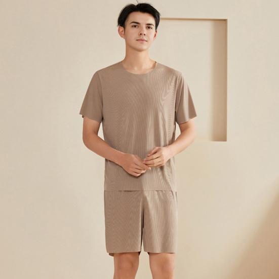 2Pcs/Set Men Pajamas Set O-Neck Short Sleeve T-shirt Elastic Waist Shorts Set Solid Color Home Clothing Suit
